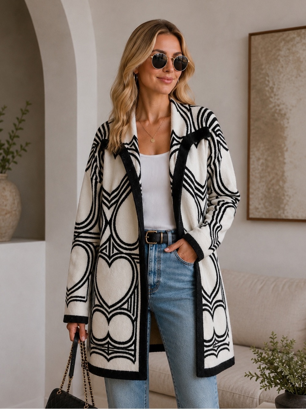 NEW Love + Luxe Open-Front Geometric Hearts Cozy Trendy Cardigan - Black & White